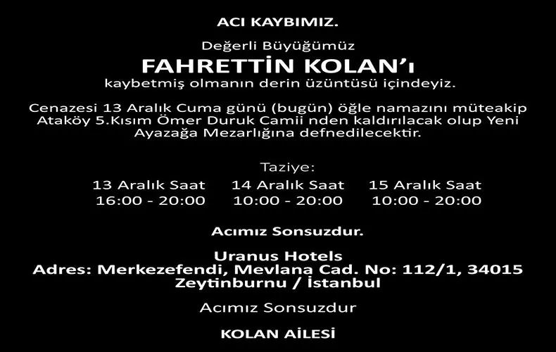 Merhum Fahrettin Kolan’ın vefatı 