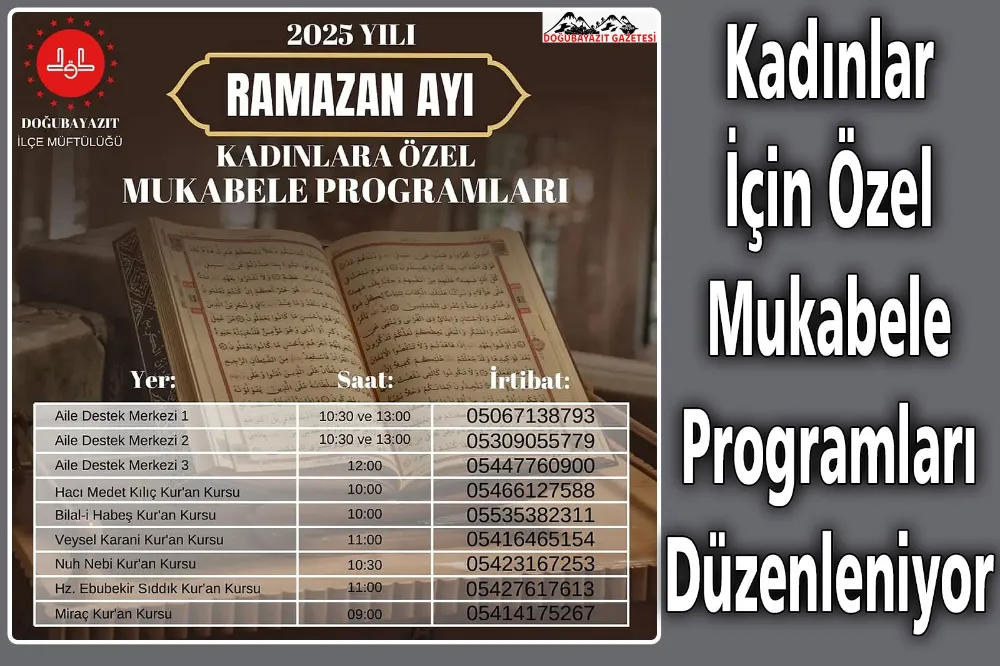 DOĞUBAYAZIT İLÇE MÜFTÜLÜĞÜ, 2025 YILI RAMAZAN AYINDA KADINLARA YÖNELİK MUKABELE PROGRAMLARI DÜZENLİYOR.