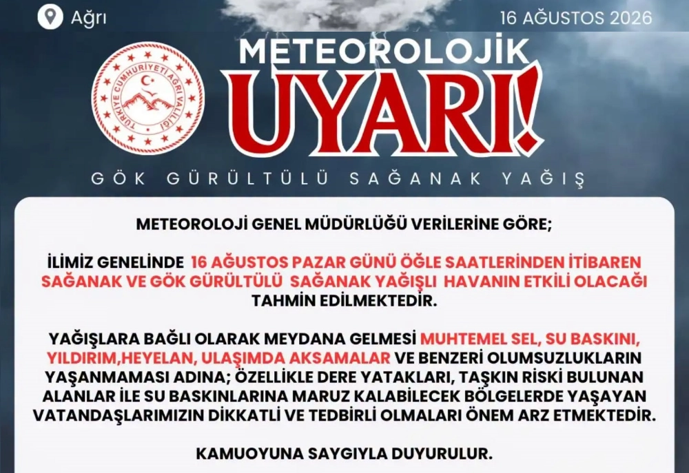 AĞRI VALİLİĞİ’NDEN KUVVETLİ YAĞIŞ VE OLUMSUZ HAVA KOŞULLARI UYARISI